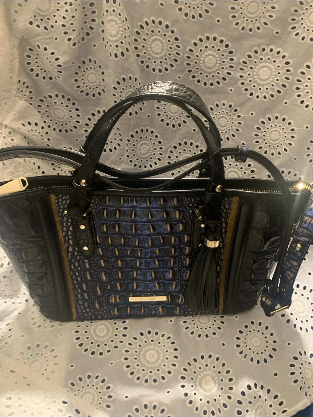 Brahmin Black and Blue Croc-Embossed Asher Satchel with Tassel (Lazuli Crowe)